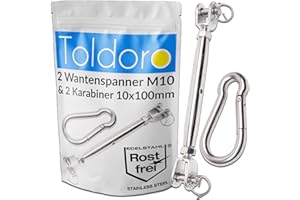 Toldoro® 2X Sonnensegel Spanner / Wantenspanner Edelstahl / rostfreie Sonnensegel Befestigung / 2X Seilspanner Sonnensegel M10 & 2 Karabiner 100mm / Befestigung für Sonnensegel, Abdeckplane oder Tarp