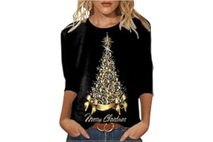 AMHOMELY Christmas Tops for Women UK Sale Clearance Ladies Spring Blouse Christmas Printed Mid-Length 3/4 Sleeves O-Neck Casual Tee Tops T-Shirt Vintage for Work Officce