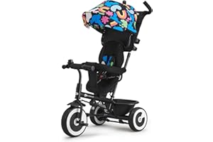 KK KINDERKRAFT Kinderkraft ASTON Triciclo bambini dai 9 Mesi fino 25 kg, Passeggino con Maniglione regolabile, Bici, Sedile girevole Fronte Mamma e Strada, Cappottina pieghevole, Ruota libera, Happy Shapes