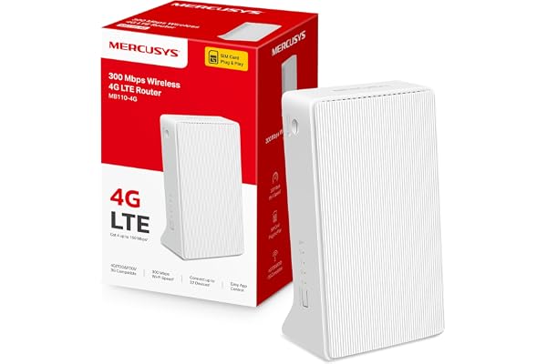 Mercusy's MB110- router, router supports SIM card, Cat4 up to 150Mbps, WLAN 2.4GHz N300, 2 x 100Mbps ports, Plug and Play, up to 32 devices, MERCUSYS app