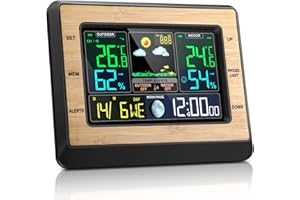Aceshop Radiowa stacja pogodowa 6" z czujnikiem zewnętrznym, radiowa stacja pogodowa z prognozą pogody, barometr, faza księżyca, budzik, wewnętrzny i zewnętrzny cyfrowy higrometr, termometr, zasilanie
