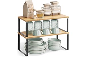 SONGMICS Spice Rack, Set of 2 Cupboard Shelf Organisers, Expandable Kitchen Shelf Organiser, Stackable Spice Holder, Metal and Engineered Wood, Ink Black and Natural Beige KCS200B01