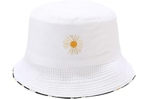 Fablcrew Chapeau Bob Pecheur en Motif de Broderie Marguerite Chapeau de Soleil Double Face Pliable Anti-UV Protection Été pour Femmes Hommes
