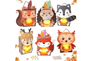 HILKKET 6 Stück Laternen Bastelset, Laterne Kinder, Herbst Basteln mit Kindern, Bastelset Herbst Kinder zum Hedgehog, Fox, Elk, Squirrel, Raccoon, Owl mit Laternenstab, DIY Laternen Basteln St Martin