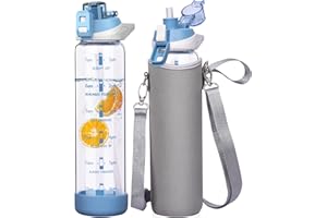 Seekua sportowa butelka na napoje, 1 l, ze słomką i znacznikami czasu, szczelna, bez BPA, motywacyjna, z pokrowcem ochronnym, do smoothie, do napojów gazowanych