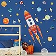 wondever Rocket Space Wall Stickers Kids Planets Peel and Stick Wall Art Decals for Baby Nursery Boy Bedroom Playroom