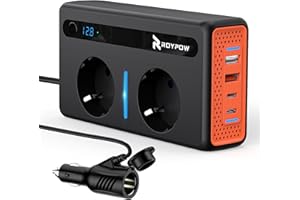 RoyPow przetwornica napięcia 12 V na 220 V, 230 V, 240 V, 300 W, 2 gniazda wtykowe i 4 porty USB, ładowarka samochodowa z wtyczką do zapalniczki samochodowej