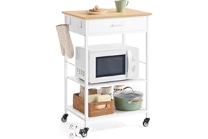 VASAGLE Isola da Cucina Mobile con Ruote, Carrello da Cucina, 45 x 60 x 90 cm, Cassetto, 2 Ganci, per Sala da Pranzo, Rovere Beige e Bianco Opaco KKI007Y01