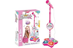 GESMAY Kids Microphone and Stand, Stand Up Microphone Kids, Childrens Karaoke Machine with Lights, Kids Karaoke Machines for Girls, Girls Party Pastime, Sing Musical Toy with Flashing Stage Lights (Red)