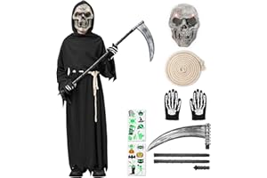 Haozozo Déguisement Halloween Enfant Garcon, Deguisement Faucheuse Enfant Avec Masque de Crâne Lumineux, Gants Squelettes, Cordon à La Taille et Faux - Idéal Costume Halloween enfant