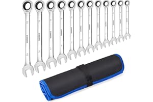 SORAKO Ratchet Spanner Set, 12PCS Spanner Sets, 72 Tooth Ratchet Gear 8-19 mm Metric Spanner Set, Fixed Head Combination Spanner Set in Roll Bag