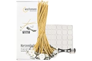 Bienenwachs-Docht aus Hanf – 100 Paraffinfreie Kerzendochte gewachst, Flachdocht 21 cm lang, 3 mm, für Kerzen von 4-7,5 cm Duchmesser, mit Dochthalter & Klebepunkten, Kerzen selber Machen