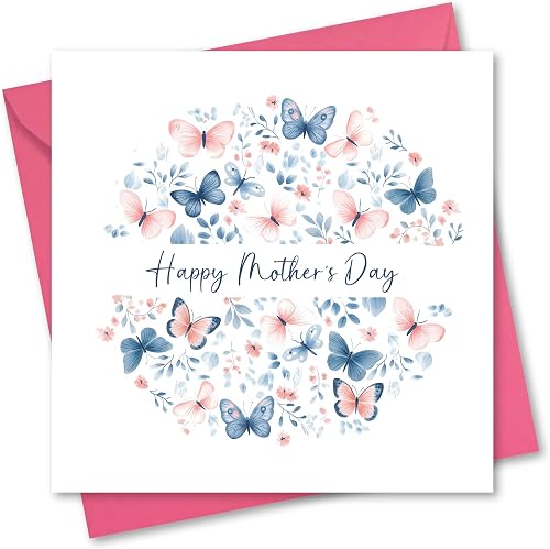 Mother's Day Card for Mum. Pink and Blue Butterfly Design. Mothers Day Card with matching Envelope. Size 150x150mm when folded.