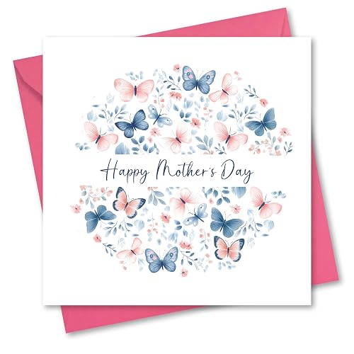 Mother's Day Card for Mum. Pink and Blue Butterfly Design. Mothers Day Card with matching Envelope. Size 150x150mm when folded.