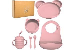Mh Mediterraneanhabitat. Set Pappa Svezzamento Bambini - Piattino Pappa Svezzamento con Ventosa, Bicchiere per Bambini con Cannuccia, (No BPA) - Set Svezzamento Prima Pappa. Rosa