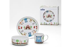 VAN WELL "Fuchs & Friend" zestaw naczyń dla dzieci, 3-częściowy serwis porcelanowy z motywami zwierzęcymi z kubkiem, miską i talerzem, idealny jako prezent