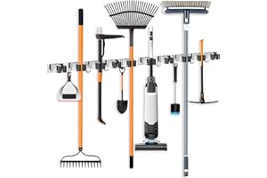 ibell Porta scope Parete 2 Pezzi, Portascope da Muro Appendibile con 10 Posti e 8 Ganci, Supporto Scopa e Portaspazzole Muro in Acciaio Inossidabile, Porta Utensili Autoadesivo per Casa e Giardino