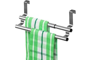Tatkraft Double, Porte Serviette en Acier Inoxydable pour Portes et Placards, Porte-Torchons Double avec Installation Facile, sans Perçage- Largeur Extensible, Dimensions: 25-40 x 8 x 9 cm