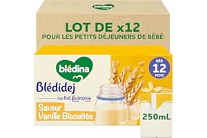 Blédina Blédidej Céréales bébé Biscuité Saveur Vanille - Dès 12 Mois - Lait bébé pour petit-déjeuner - Source de Calcium, Vitamine C, Fer, Oméga 3 (ALA) - Format Pratique x12 briques 250 mL