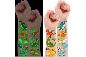 Leesgel Tatuaggi Dinosauri Bambini, 10 Fogli Luminosi Tatuaggi per Bambini Tatuaggi Temporanei, Gadget Compleanno Bambini Regalini Fine Festa Dinosauro Giocattolo