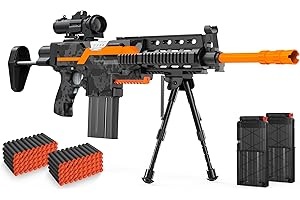 FOMASS Nerf Sniper Pistolet Jouet Électrique avec Lunette, 3 Modes, Rechargeable, Bipied, 2 Chargeurs et 100 Flèches - Cadeau pour Les garçons à partir de 6 Ans