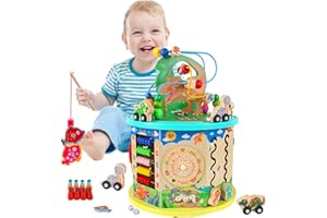 Maycoly Motorikwürfel Aktivitätswürfel aus Holz 12 in 1 Aktivitäts-Center Multifunktional Activity Würfel Baby und Motorikschleife Montessori Spielzeug Holzspielzeug für Kleinkinder ab 1 2 3 Jahre +