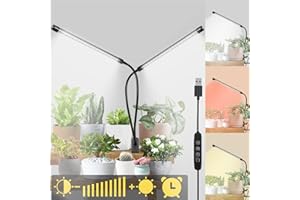 Bufccy 2 Head Grow Lights for Indoor Plants, 6000K Full Spectrum Grow Light for Flowers, Fruits, Vegetables, Auto On Off Timing, 9 Dimming, 360 Degree Adjustable Plant Lights, 1 Pack
