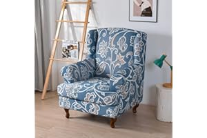 Highdi 2 Piece Stretch Wingback Chair Covers Wing Chair Slipcover Armchairs Covers Classic Printed Sofa Slipcover Spandex Furniture Protector for Living Room Bedroom Hotel (Antique Blue)