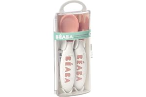 BÉABA Beaba Second Stage Couverts, cuillère et fourchette ergonomiques pour bébé avec étui de voyage, rose