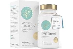 ‎COSPHERA Hyaluronsäure Kapseln hochdosiert mit 500 mg pro Kapsel - 90 vegane Hyaluron Kapseln im 3 Monatsvorrat - 500-700 kDa I Angereichert mit Zink als Beitrag zum Erhalt normaler Haut und Knochen.