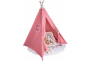 Relsy Kids Pink Blush Teepee Tent | Play Tipi/Pop Up for Girls & Boys 140 x 120cm Cotton Canvas With Star Lights & Rug Accessories