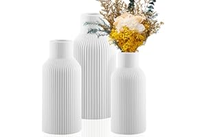 Vase Décoratif FoiiLiio Lot de 3 Vases pour Fleurs (Grand + Moyen + Petit) Vase Ceramique Blanc pour Décoration de Table et Fleurs Séchées, la Maison, Bureau