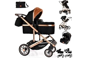 BAYOBAY 3 in 1 Baby Pram Travel System with Car Seat Lightweight Buggy Foldable Pushchair for Newborn and Toddlers up to 22kg New 2025 Style (Black - Gold)