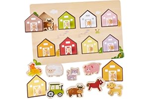 HYAKIDS Farm Animals Wooden Toys Peg Puzzles, Montessori Toys for Boys Girls, Sorting and Matching, Preschool Learning Toys Gifts for Toddlers