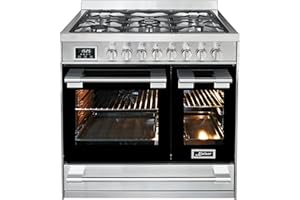 Kaiser HGE 93201 R Premium kuchenka gazowa ze stali nierdzewnej, z podwójnym piekarnikiem elektrycznym, 115 l, zasięg coocker 90 cm, 8 funkcji, 5 palników gazowych o mocy 3,7 kW i propanem