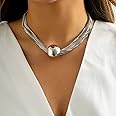 Wedity Punk Multi-layer Overlay Necklaces Bracelets Geometric Sphere Choker Necklace Thick Chains Jewelry for Women and Girls (Silver Necklaces)