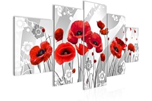 Runa Art - Cuadros Decorativos Amapolas 200 x 100 cm 5 Piezas XXL Decoracion de Pared Diseño En Blanco Y Negro 208851a