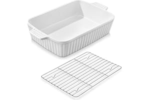 MALACASA Serie BAKE, Fuente Rectangular de Porcelana para Horno de 4200 ml con Rejilla, Fuente Grande para Horno con Asas para Gratinados y Guisos, Apta para Lavavajillas, Color Blanco