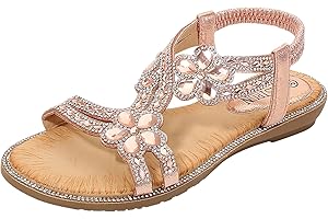Kivors Sandals for Women Flat Rhinestone Ladies Sandals Open Toe T-Strap Bohemian Womens Sandals for Summer Beach Holiday Outdoor