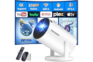 NONETE Mini Beamer 4K Projektor Full HD 1080P mit WiFi 6 und Bluetooth 5.2, Android Tragbarer Projektor 270° Dreh mit Automatische Trapezkorrektur für PC/HDMI/USB，mit Maus und Fernbedienung, Weiß