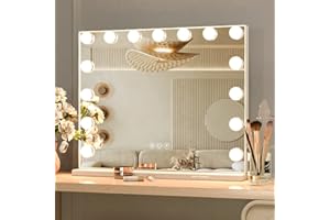 ‎CASSILANDO CASSILANDO Eitelkeitsspiegel mit Lichtern Hollywood Make-up Spiegel, großer Eitelkeits beleuchteter Spiegel mit 15 LED Lampen, mit 3 Farbmodi für Schlafzimmer, Tisch oder Wand montiert, 58x46cm