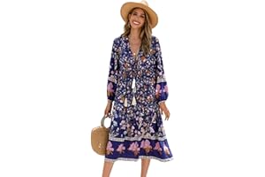 R.Vivimos Women's Casual Bohemian Print Neck Tie Long Sleeve Beach Style Long Midi Dress Vacation Dress