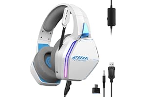 Oniverse Casque Gaming PS5 PS4 Switch Xbox PC Mac avec Micro réglable, LED, Haut-parleurs 50mm, Coussinets Tissu Respirant - Casque Gamer stéréo Filaire Nebula (Arctic White/Blanc)
