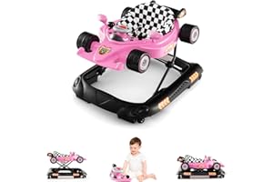 LIFEZEAL 4 in 1 Girello Neonato, Girello per Bambini Pieghevole, con 3 Altezze Regolabili, Giocattolo Rimovibile, Sedile Confortevole e Ruote, Portata 12 kg,Primi Passi per 6-14 Mesi (rosa)