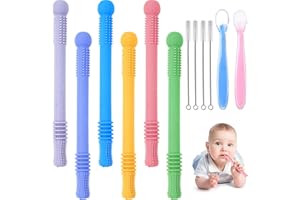 Vicloon Gryzak dla niemowląt, 12-częściowy zestaw silikonowych probówek do gryzienia, 6 sztuk, z 2 łyżeczkami dla niemowląt + 4 szczotkami do czyszczenia, sensoryczna zabawka Molar do żucia dziecka w