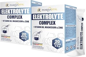 ‎PHARMAVITAL PharmaVital Elektrolyte Complex Vitamine und Elektrolyte, unterstützt Wasserhaushalt, Nervensystem, mit Vitamin B6 Kalium Chlorid Magnesium Zink Natrium, 40 Pulversticks je 8g zum Auflösen in Wasser