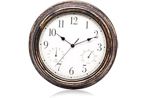 WEISI SENRN Garden Clock Outdoor Waterproof Clock with Thermometer Hygrometer Outdoor Waterproof Vintage Metal Clock 12 Inch Retro Metal Wall Clock for Patio Pool Black Bronze