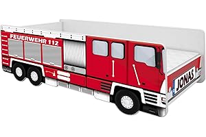ACMA Kinderbett Auto-Bett Feuerwehr mit Rausfallschutz, Lattenrost und Matratze (160x80 + Name)