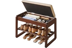 Aibiju Shoe Storage Bench with Cushion, 2 Tiers Solid Wood Shoe Bench with Flip-Top Storage, 23.62in Shoe Rack Bench for Entryway, Living Room, Hallway, Bedroom, Walnut Color YD-WD060B