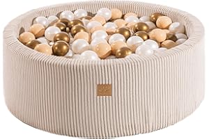MEOWBABY Piscine À Balles pour Bébé - Rond 90x30cm Piscine a Balle pour Enfant avec 200 Balle, Côtelé, Ecru: Blanc Perle/Platine/Beige
